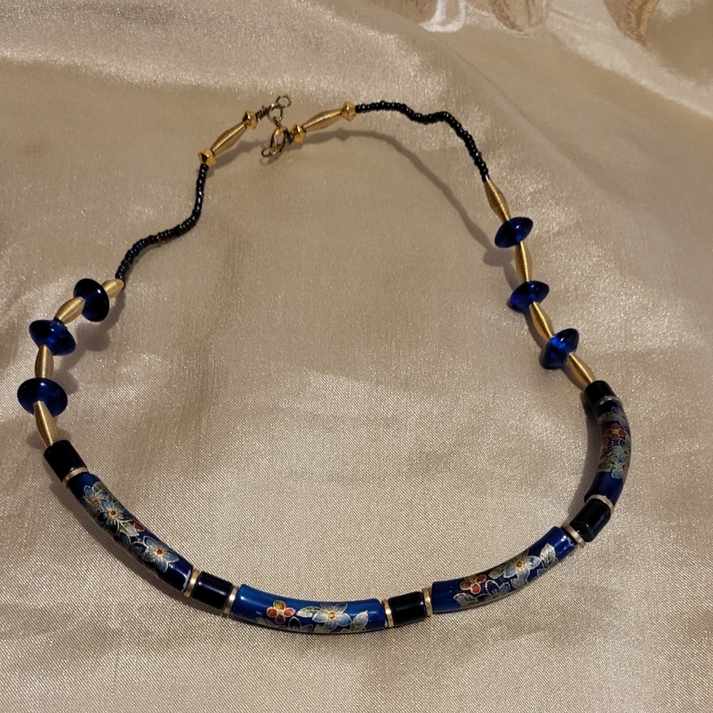 Blue and gold filled costume necklace